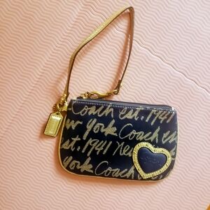 Coach Poppy New York Script Heart Lurex Small Wristlet Navy and Gold